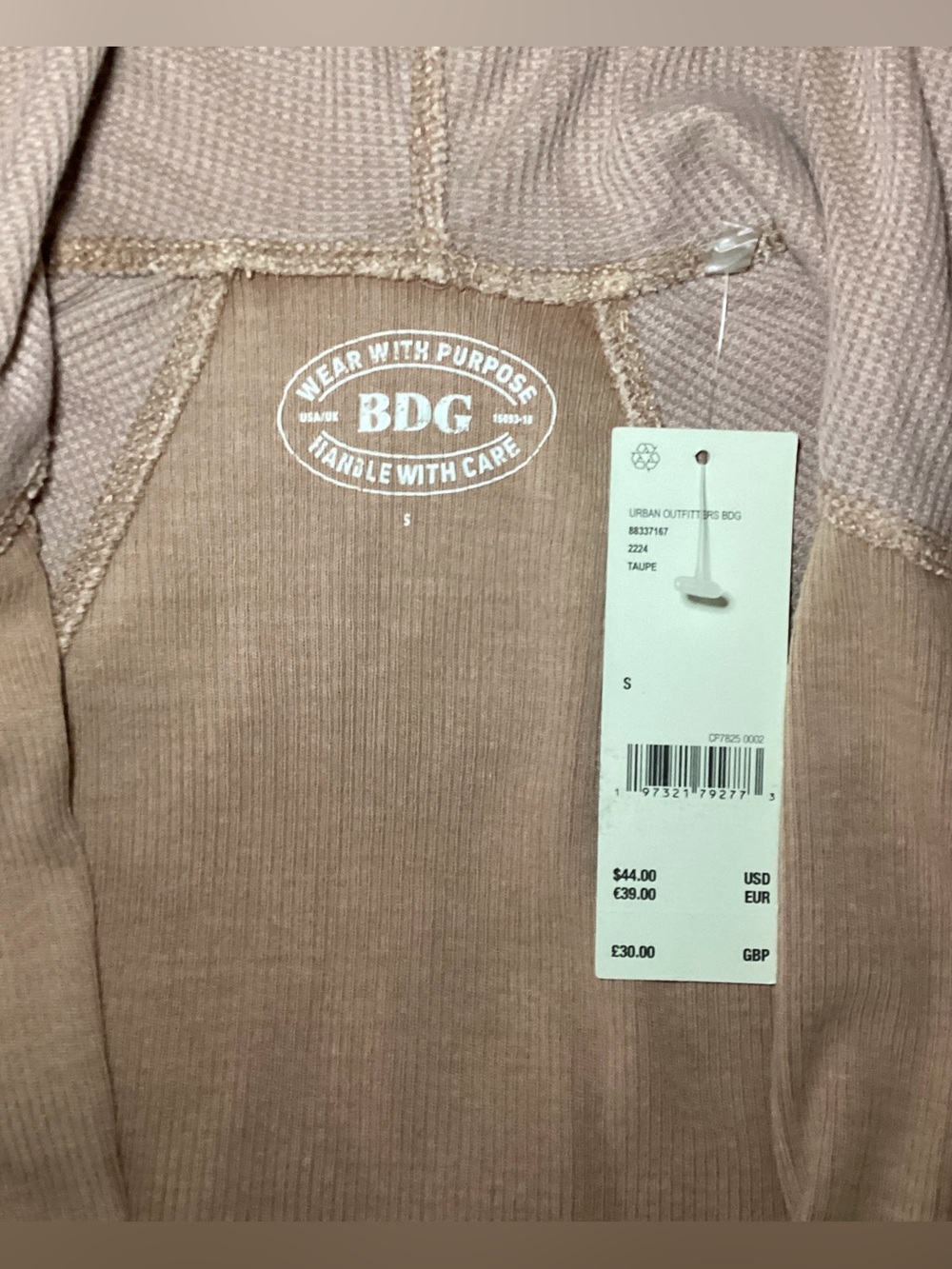 BDG (Urban Outfitters) Taupe Ribbed Hooded Henley Top Small Discontinued NWT - Picture 4 of 9